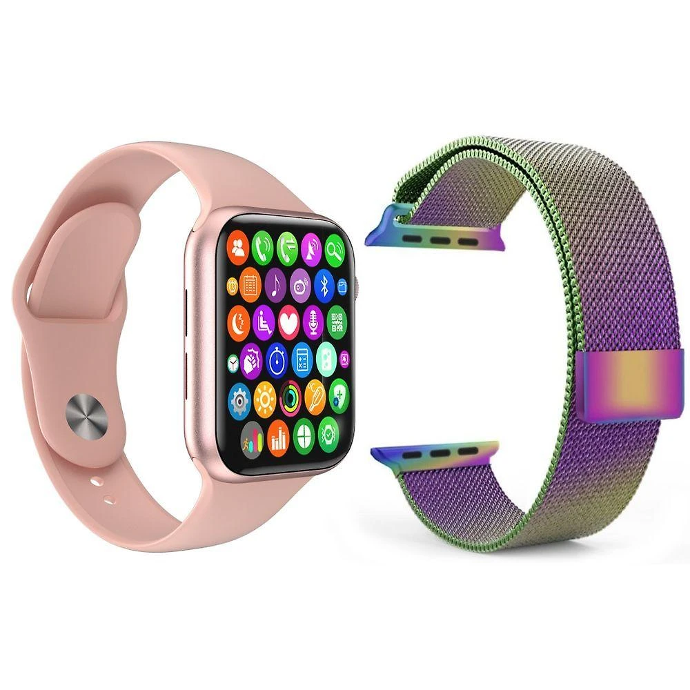 Kit 1 Smartwatch W34 S Rosa Android Ios+Pulseira Arco íris