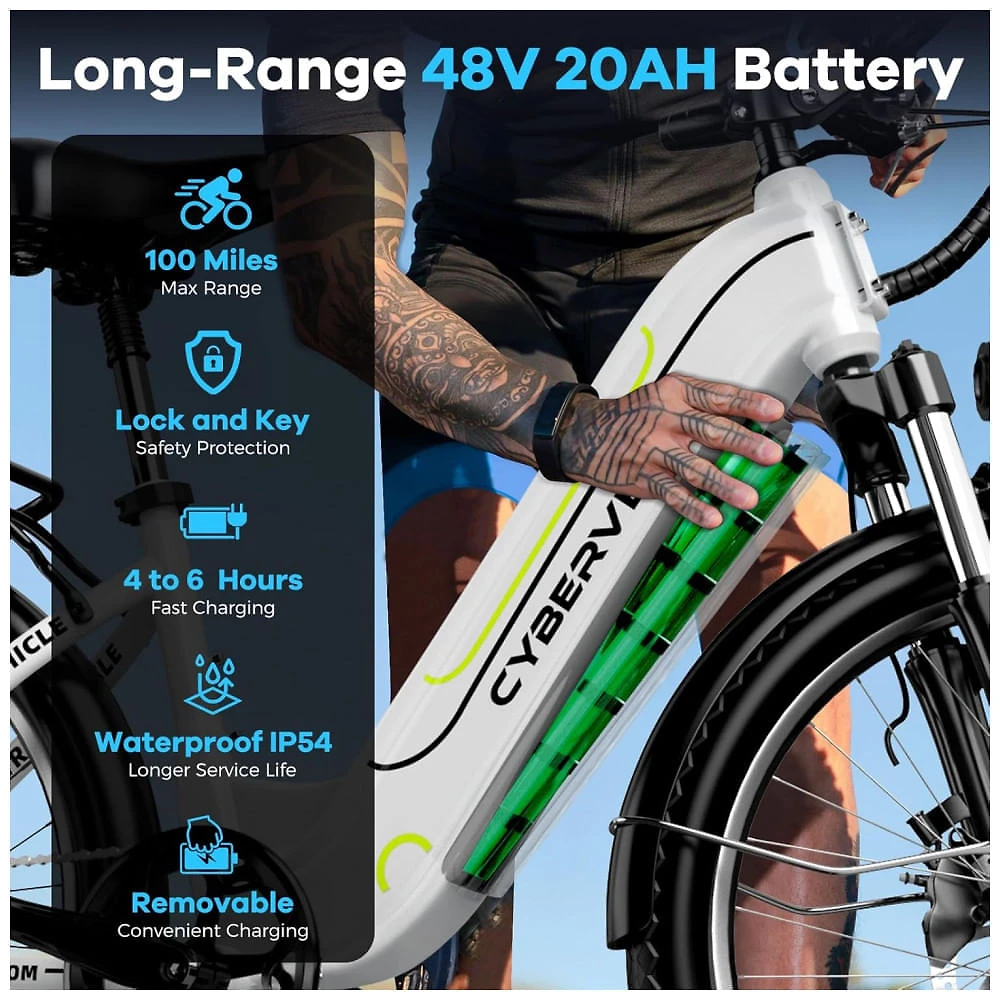 Bicicleta Elétrica Cybervelo 1000 Peak para Adultos, Autonomia de até 80 Milhas com Bateria Removível, E-Bike Elétrica de 26 Polegadas com 7 Velocidad