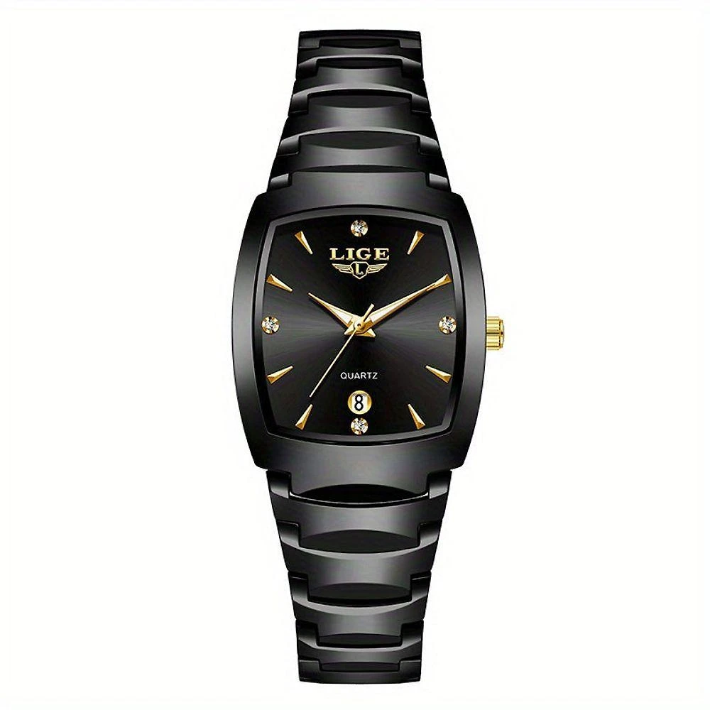 Relógio Lige Quadrado De Moda Com Quartzo Minimalistas Preto Dourado