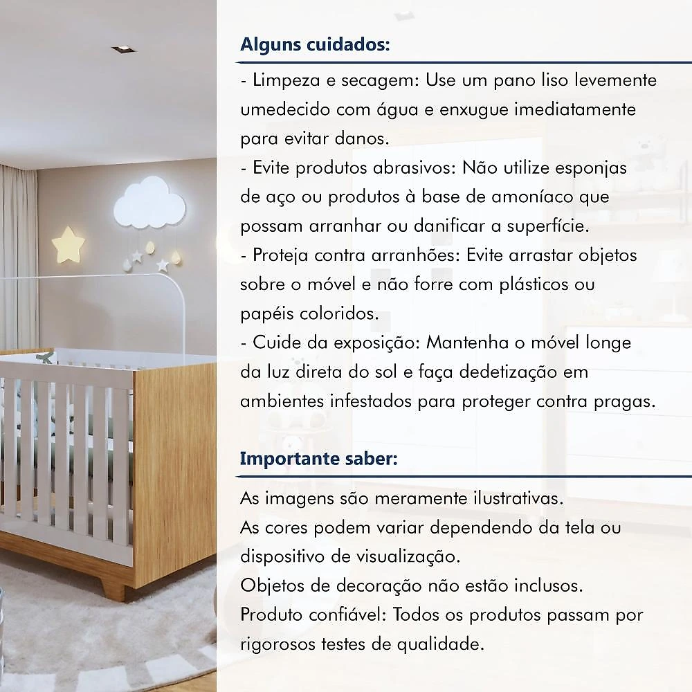 Quarto de Bebê 100% MDF Berço Minicama com Colchão, Cômoda e Guarda Roupa 3 Portas Life Branco/Ypê