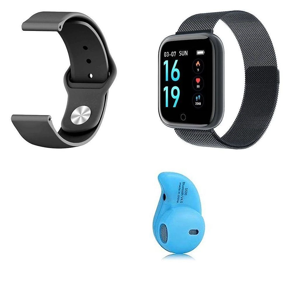 Kit 1 Smartwatch P70 Preto + Pulseira + Mini Fone Azul