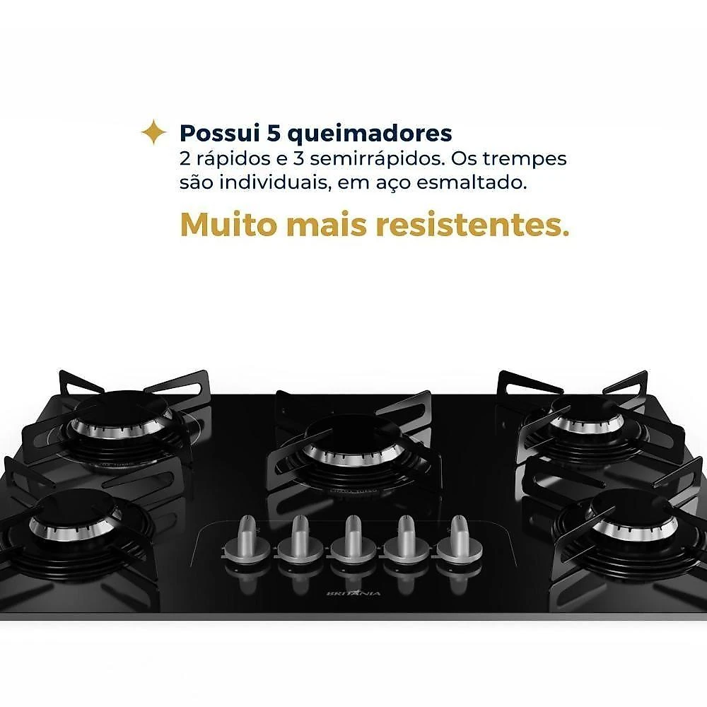 Cooktop a Gás Britânia BCT5P 5 Bocas Vidro Temperado Acendimento Superautomático Trempes Aço Esmaltado Preto Bivolt