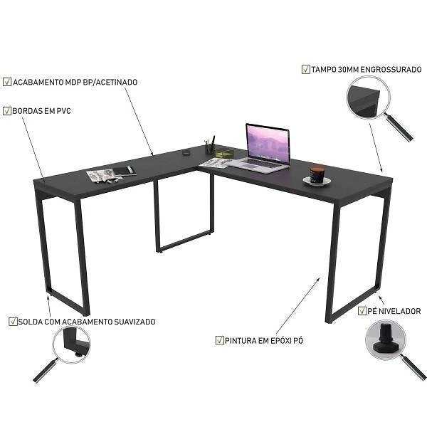 Miniatura Mesa de Escritório em L Estilo Industrial 1,50Mx1,50M Kuadra Compace Preto Onix