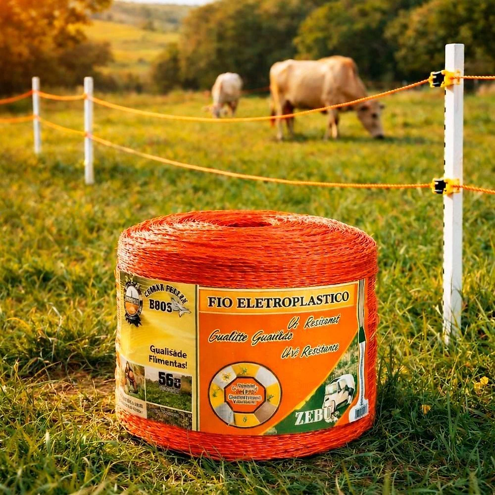 Kit Fio Eletroplástico EP1000 1000m 2mm Cerca Elétrica 200 Roldanas Laranja Zebu