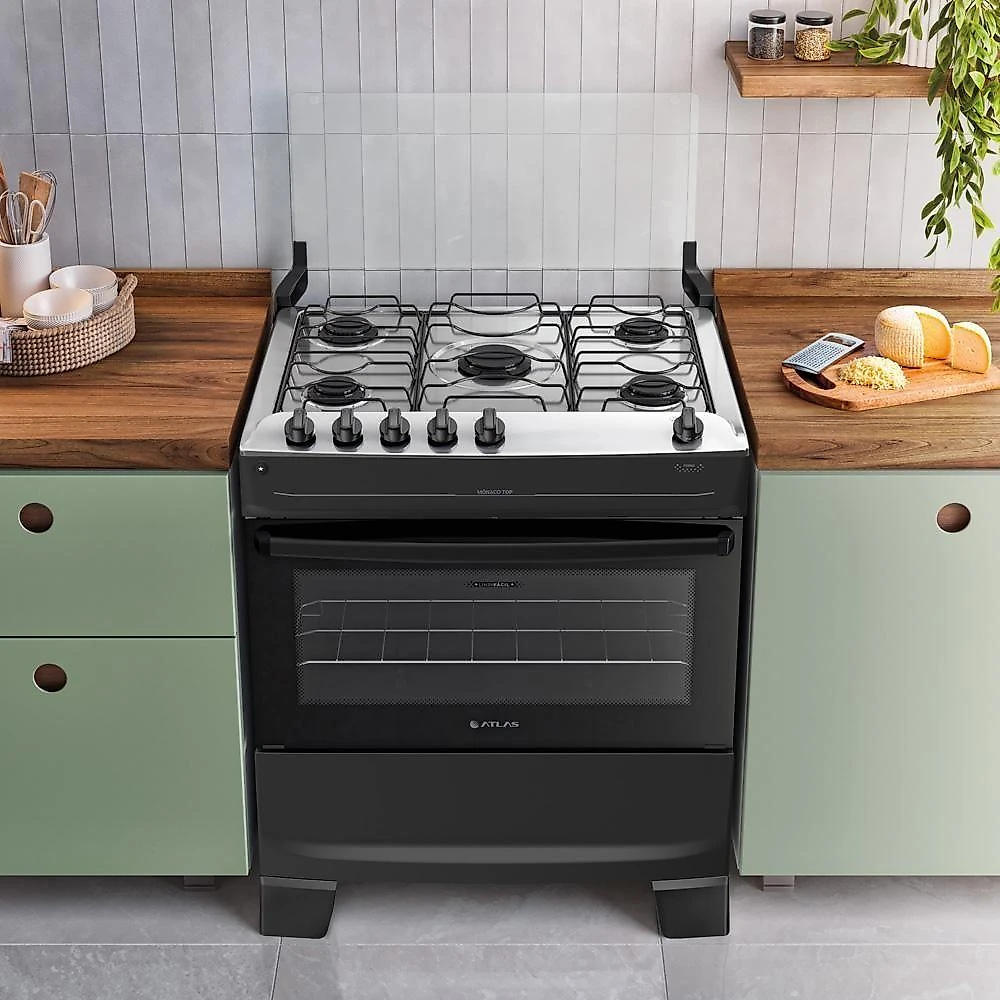 Fogão 5 Bocas Atlas Mônaco Top Com Mesa De Inox Gás Bivolt Preto