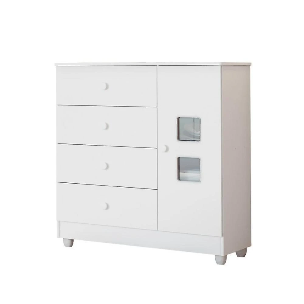 Quarto de Bebê com Berço Mini Cama, Cômoda 1 Porta 4 Gavetas e Roupeiro Flocos 3 Portas 2 Gavetas Branco