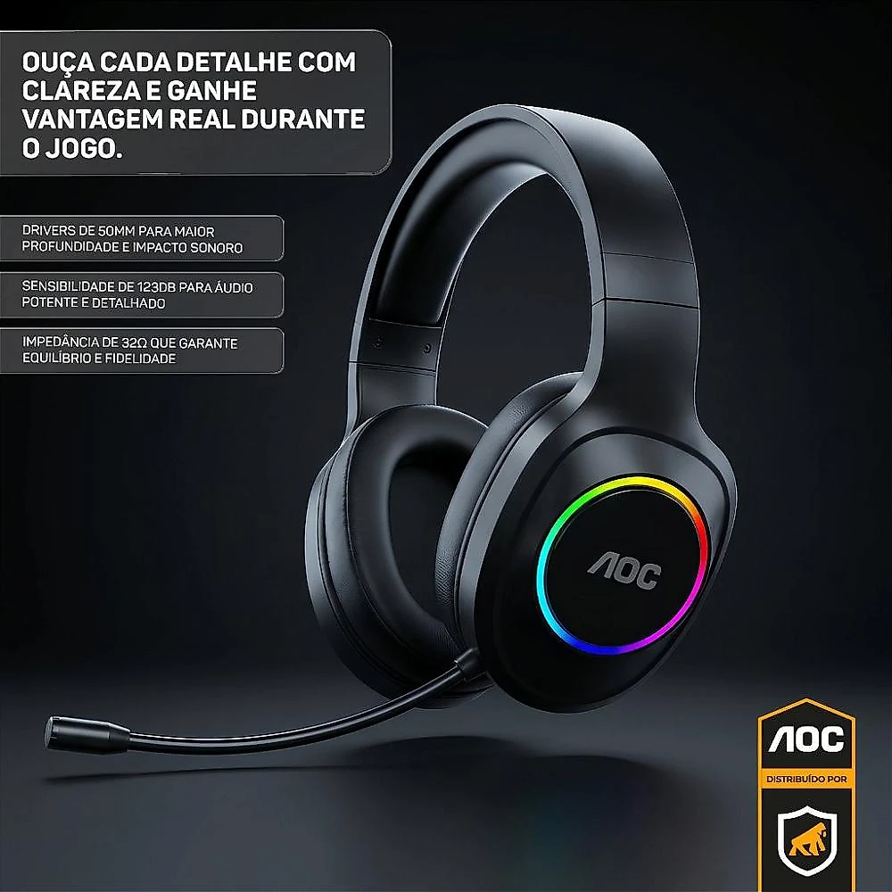 Headset Gamer Sem Fio 2.4G + Bluetooth - RGB, Microfone, Baixa Latência – Preto - AOC