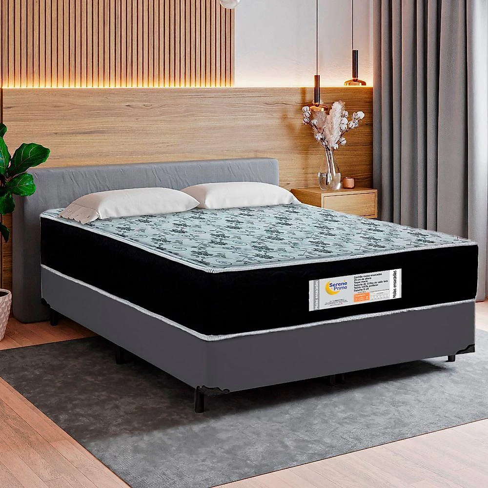 Cama Box Casal Sintético + Colchão Molas Ensacadas Sereneprime Sonnolux 138x188x65 Cor:cinza