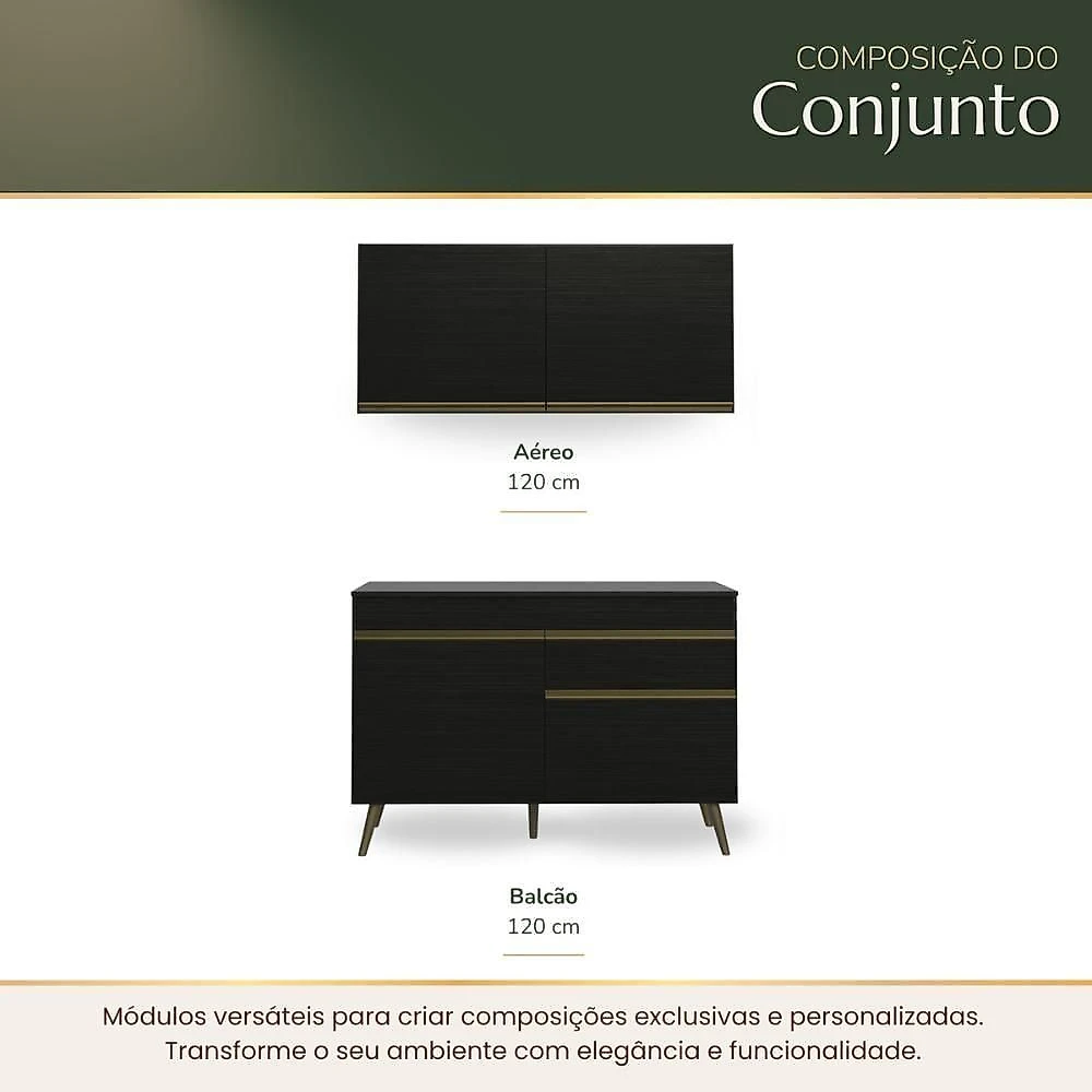 Cozinha Completa Compacta Florença 4 Portas 1 Gaveta MDP 120CM Preta Multimóveis