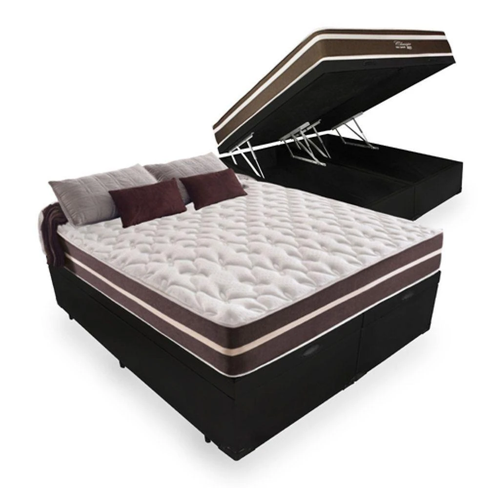 Cama Box Baú Queen 158 Tecido Sintético Preto Com Colchão Little Angel Mola Superlastic