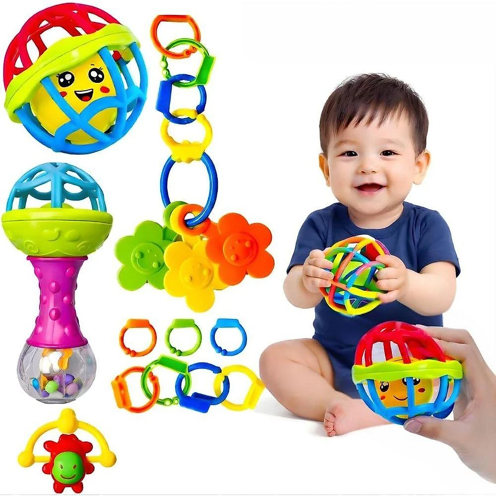 Kit Chocalho para Bebe 8 Pecas Educativo Sensorial com Mordedor Colorido Desenvolvimento Infantil