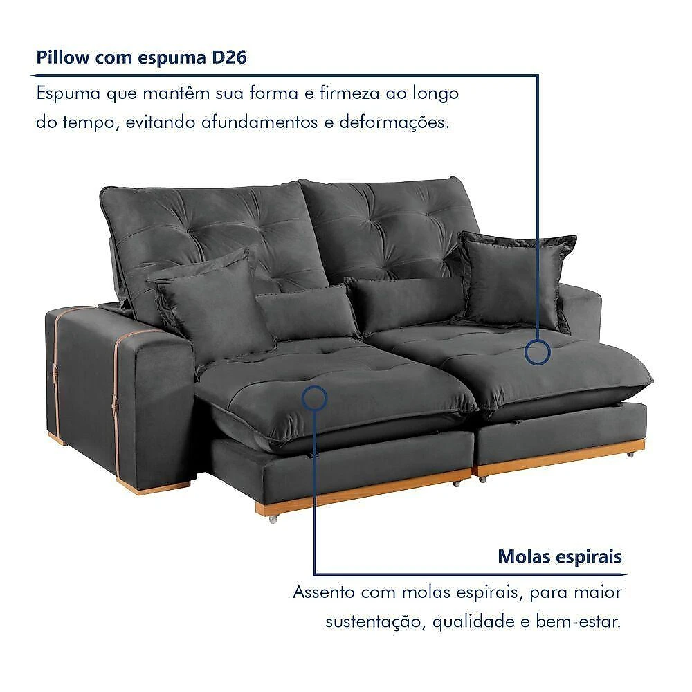 Sofá Milano 3 Lugares Retrátil e Reclinável Cinza Veludo 230CM