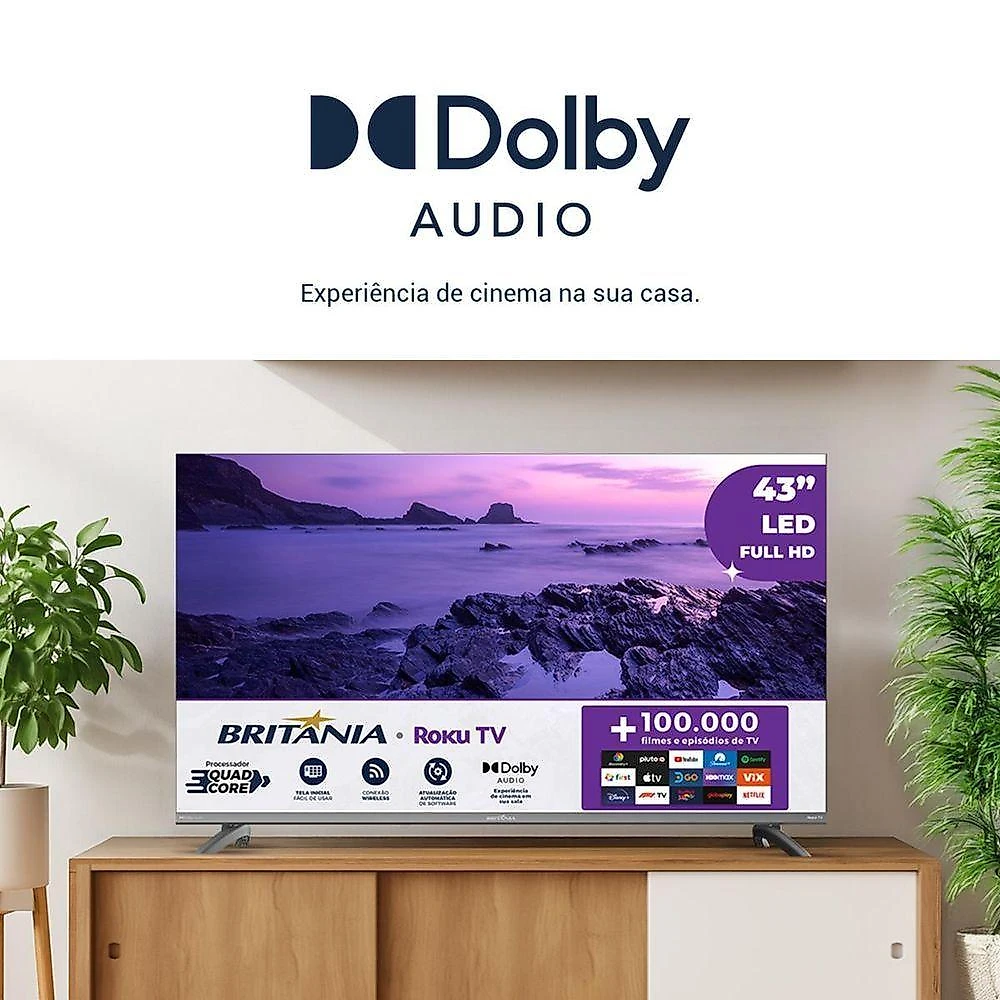 Smart TV Britânia B43CRA 43 Full HD DLED Roku HDR10 Cinza Bivolt