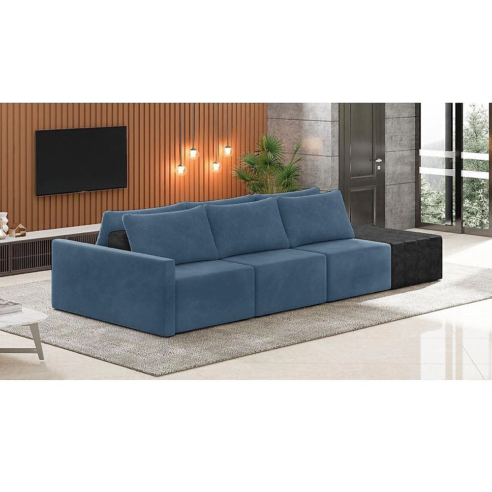 Sofá Ilha 3 Lugares Living 402cm Modulado Lary Veludo Azul Marinho Pu Pto K01 - D'rossi