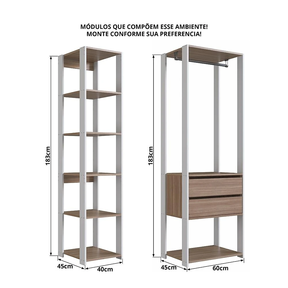 Guarda Roupa Closet 2 Peças com 1 Cabideiros 2 Gavetas e 6 Nichos Easy Prodecor Branco/Montana