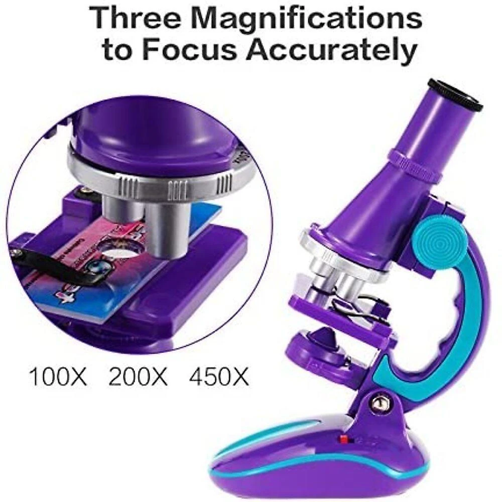 Microscópio Infantil Portátil com Luz LED Ampliações 100X 200X 450X Roxo Yeet