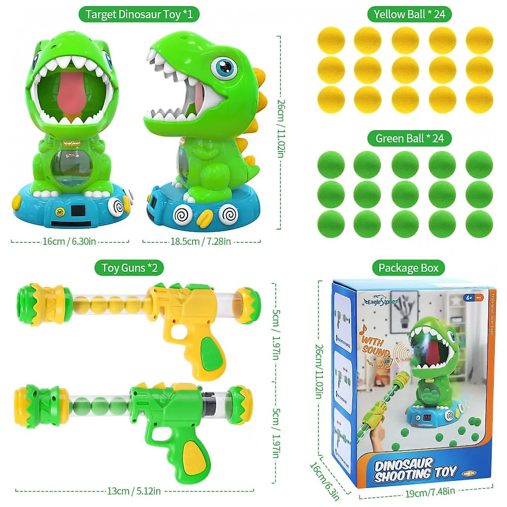 EagleStone Brinquedo Dinossauro Móvel com Jogo Eletrônico de Tiro e Pistolas, 48 Bolinhas de Espuma para Crianças