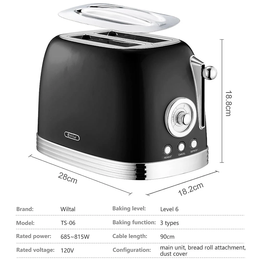 Torradeira 2 Fatias Vintage com Tampa de Aço Inoxidável, Acessório para Pão, 6 Níveis de Tostagem e Funções de Pré-aquecimento, 110V 815W, Wiltal 110v