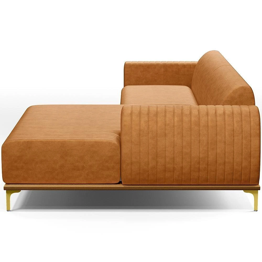 Miniatura Sofá 5 Lugares Chaise Direito Sala Molino 300cm D02 Pés D\'ouro Couríssimo Whisky B-90