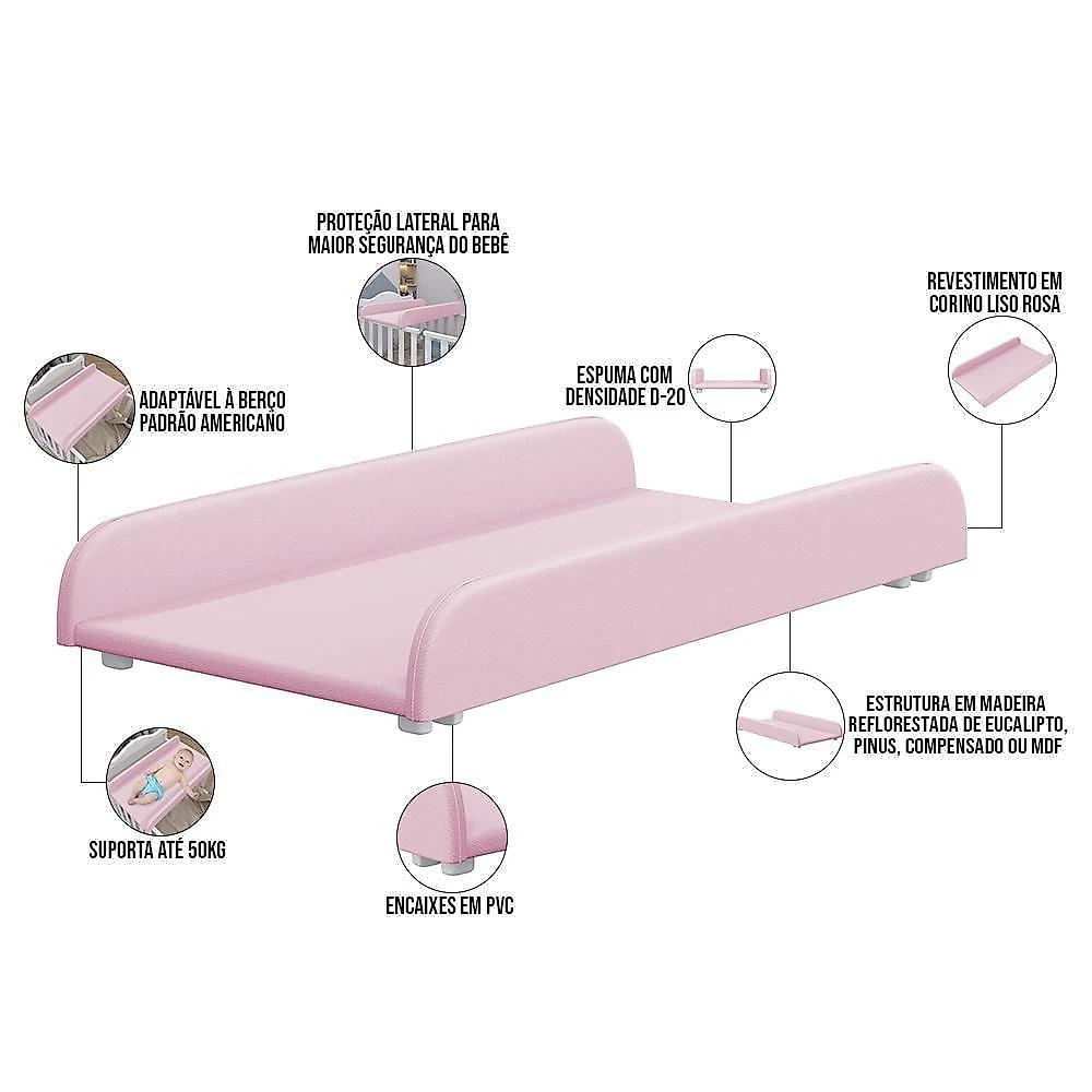 Trocador De Fraldas Almofadado Para Berço Corino Rosa P02