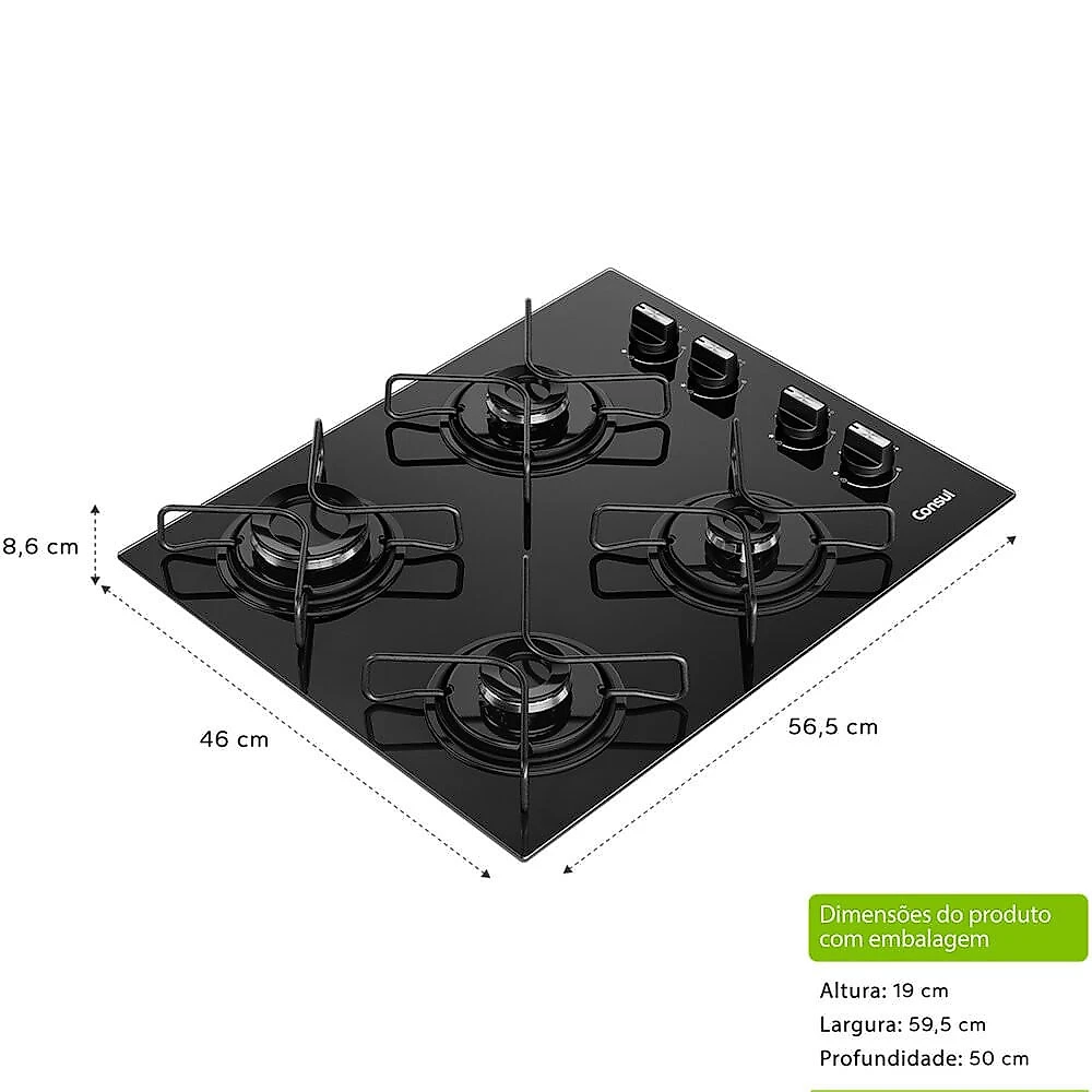 Cooktop 4 Bocas CD060BE a Gás Mesa de Vidro Temperado Consul Preto - Bivolt