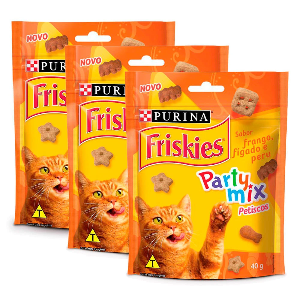 Kit 3 Petisco para Gatos Adultos Friskies Party Mix Sabor Frango, Fígado e Peru 40g