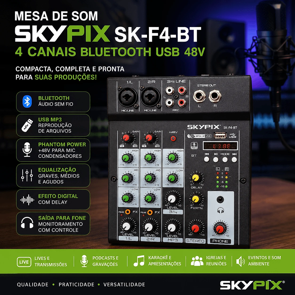Mesa de Som Skypix SK-F4-BT 4 Canais USB Bluetooth 48V