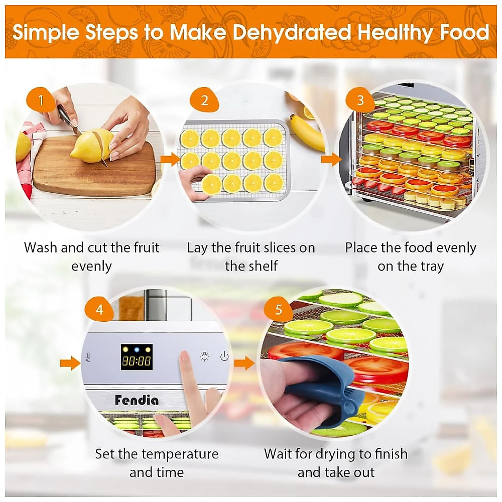 Desidratador de Alimentos para Jerky, 8 Bandejas em Aço Inoxidável, 600W, Timer de 24H e Controle de Temperatura,Fendia