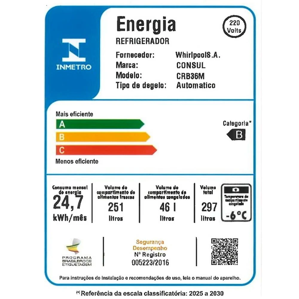 Geladeira Consul Frost Free CRB36MB, 297 Litros, Branco - 220V 220 Volts