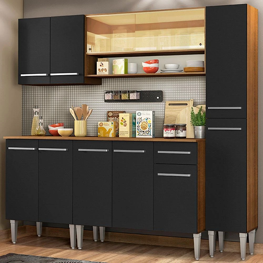Cozinha Completa Madesa Emilly Sky com Armário Vidro Reflex e Balcão - Rustic/Preto