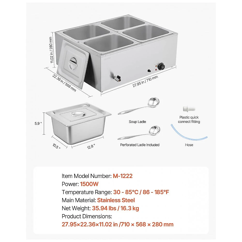 Banho-Maria Elétrico Comercial VEVOR M-1222 1500W 4 Cubas Aço Inoxidável 22,7 Litros 240V