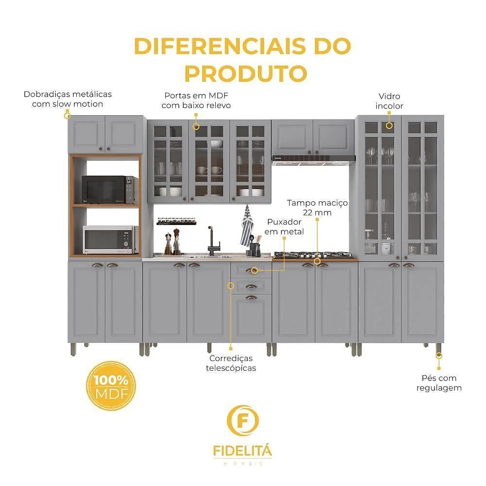 Cozinha Completa Nara 18 Portas 2 Gavetas MDF 350CM Titânio Fidelita Móveis