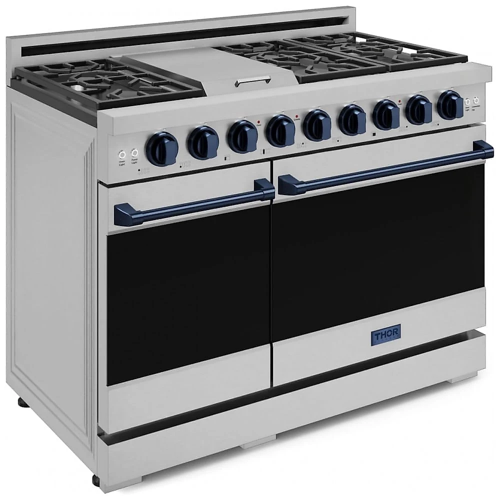 Fogão a gás profissional 122 cm Gordon Ramsay THOR Kitchen inox/azul marinho, 7 queimadores, chapa 15.000 BTU, 2 fornos com convecção 198 L e 62 L