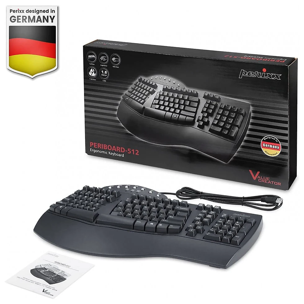 Perixx Teclado Ergonômico Dividido com Fio Recarregável Reduz a Tensão das Mãos com Teclas Programáveis, Preto