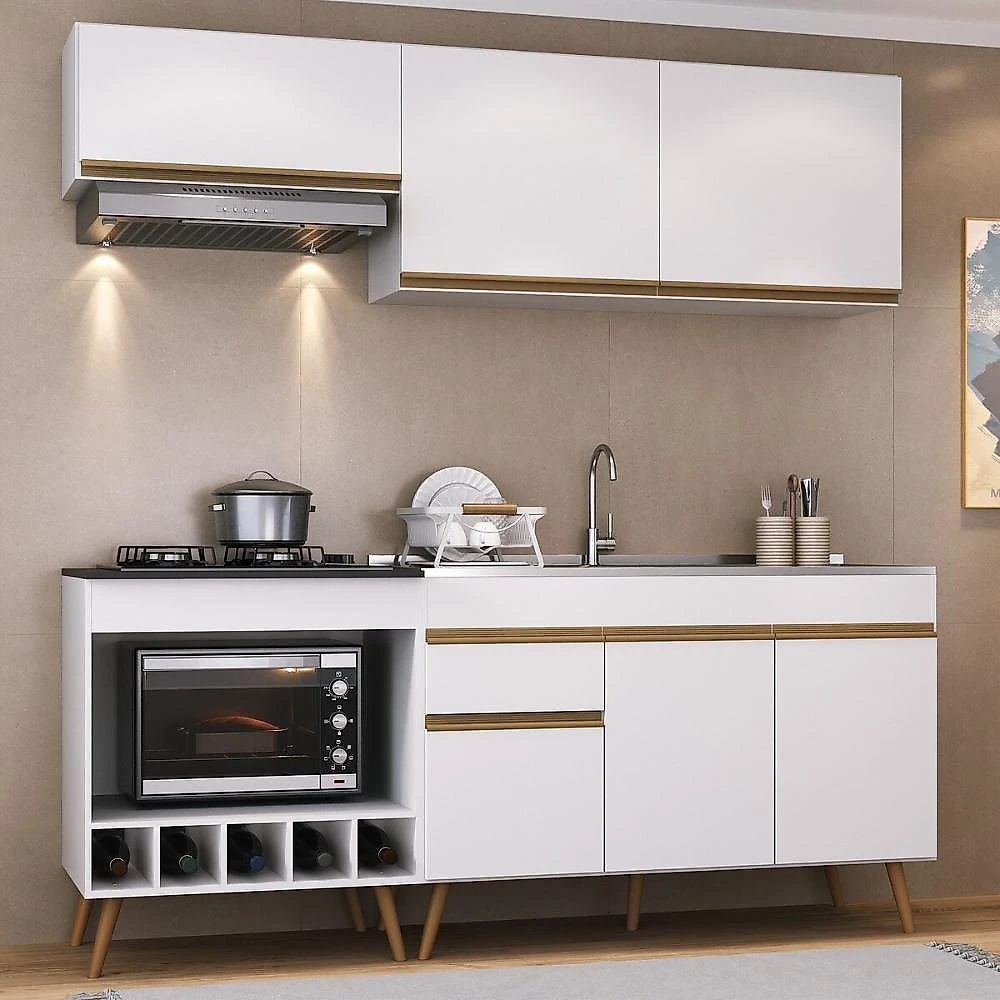 Miniatura Armário Cozinha Modulada Compacta c/ Gabinete p/ Pia e Balcão p/ Cooktop Veneza Multimóveis MP3775 Branco/Dourado