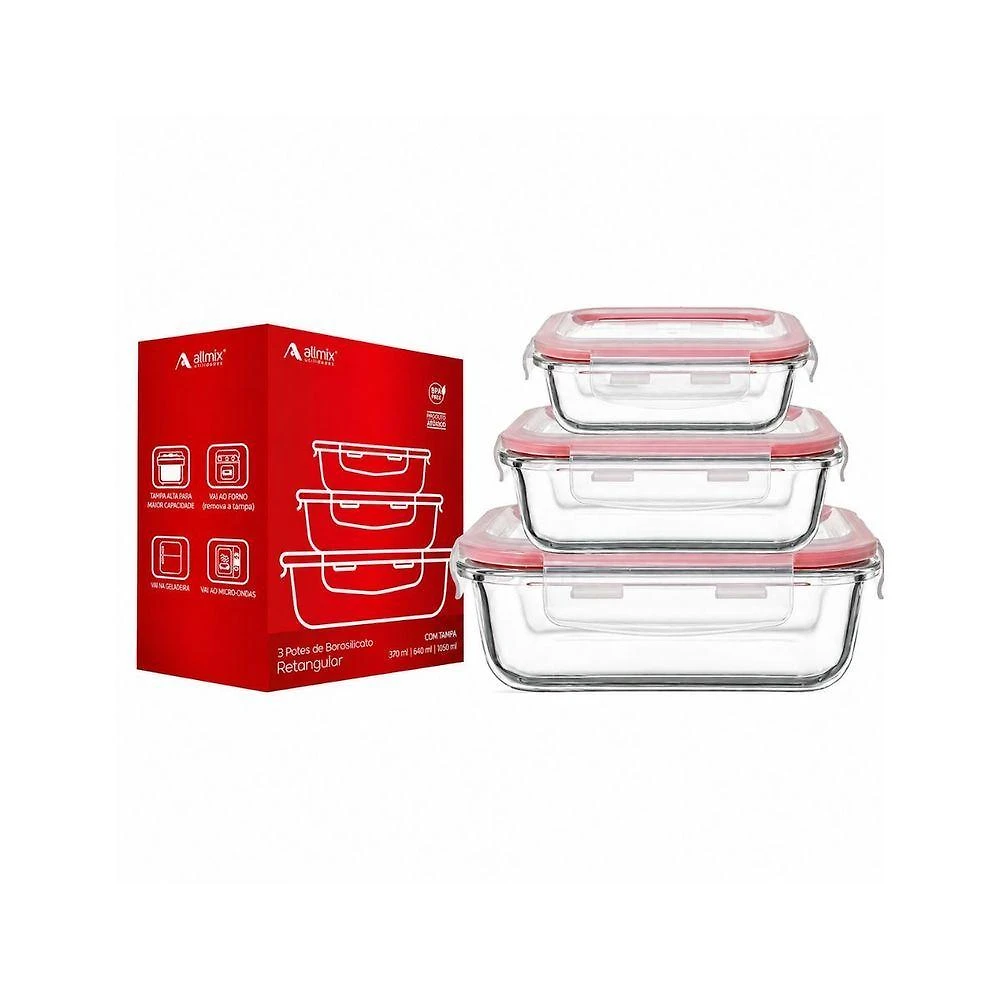Potes Herméticos 101103 Armazenar Alimentos Vidro Borossilicato Retangular Empilhável Cozinha All