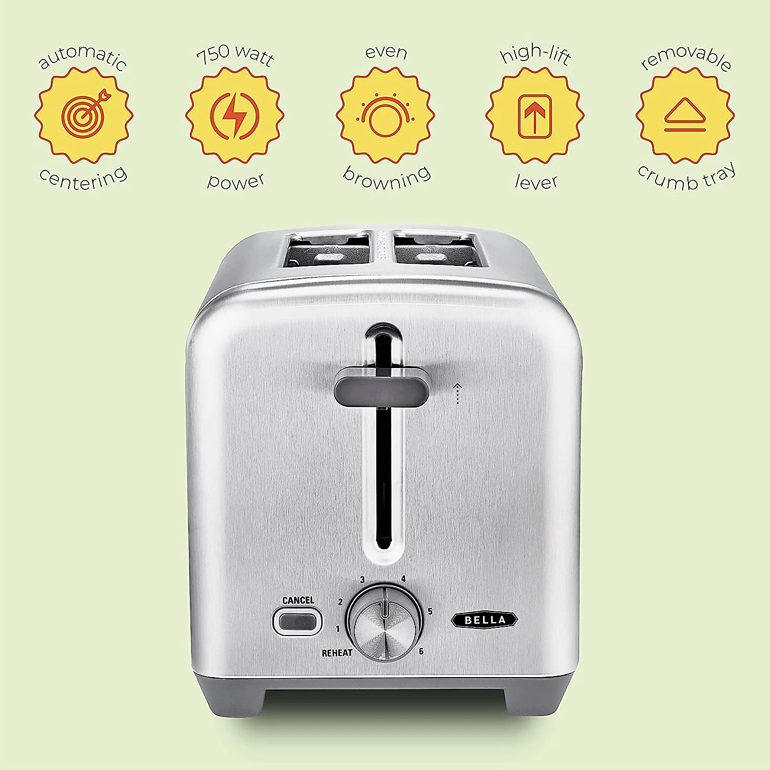 BELLA Torradeira Elétrica de 2 Fatias com 6 Níveis de T ostagem 750W110V Prata