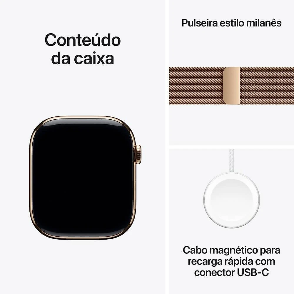 Apple Watch Series 10 GPS + Cellular • Caixa dourada de titânio – 42 mm • Pulseira dourada estilo milanês