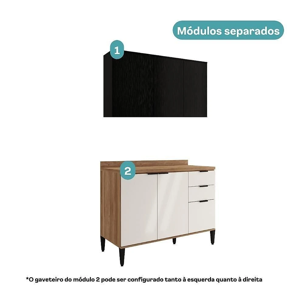 Armário De Cozinha Completa C/ Tampo Lótus Tiny Carraro Freijó Off White Preto Touch