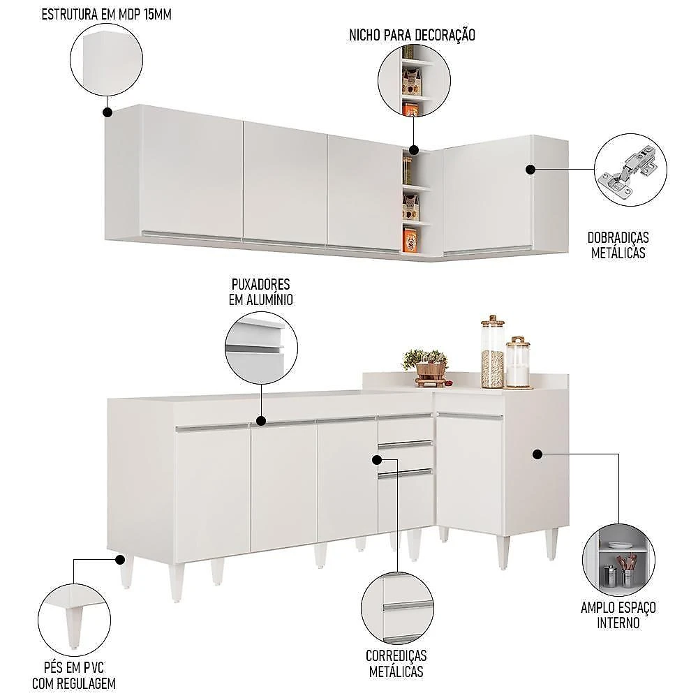 Armário De Cozinha Modulado De Canto Esquerdo 4 Peças Cp49 Balcão Sem Tampo Branco - Lumil