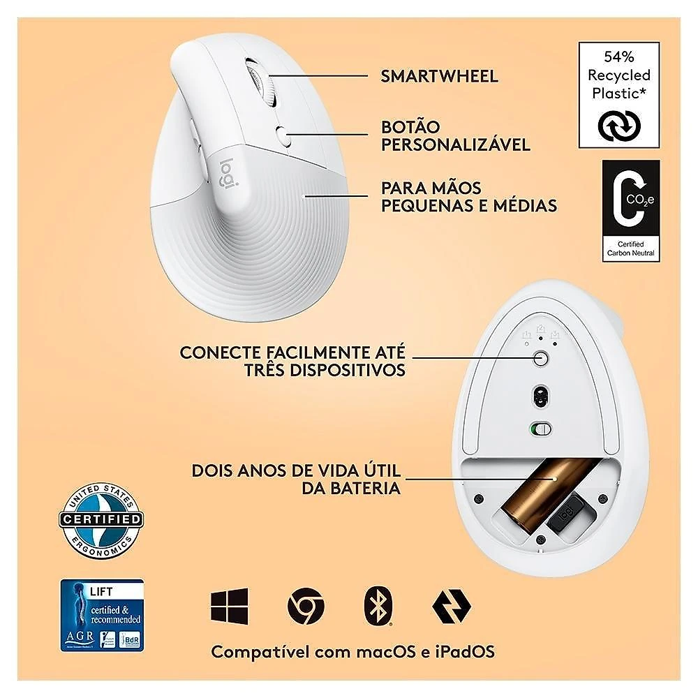 Mouse Sem Fio Logitech Lift, 4000 DPI, 6 Botões, Bluetooth, Ergonômico, USB, Branco - 910-006469