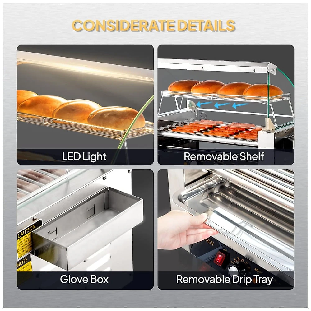 Máquina de Salsicha Hot Dog Rovsun Grill para 18 Hot Dogs, 7 rolos, 1050W, controle de temperatura duplo, iluminação LED, tampa, prateleira removível