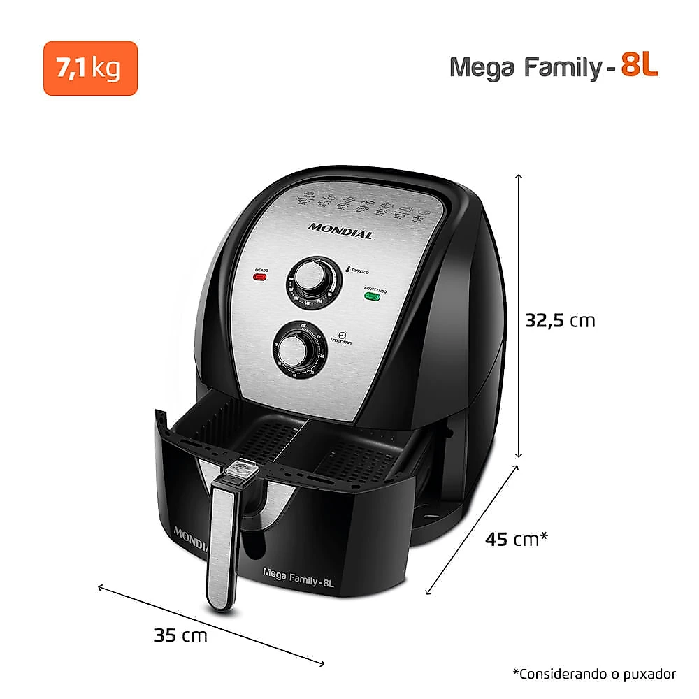 Fritadeira Sem Óleo Air Fryer 8L Mondial Preto/Inox 1900W - AFD-80-BI 110V