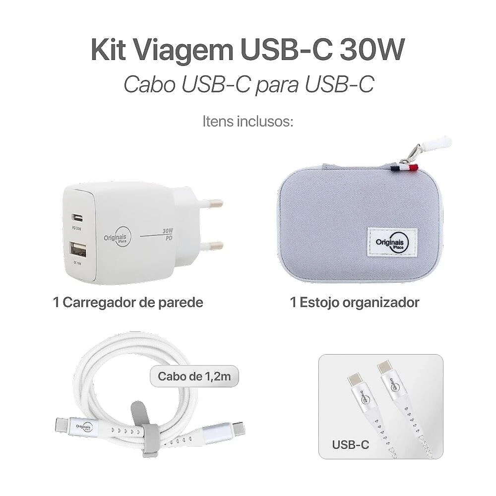 Kit de Viagem USB-C 30W Originais iPlace com Carregador e Cabo