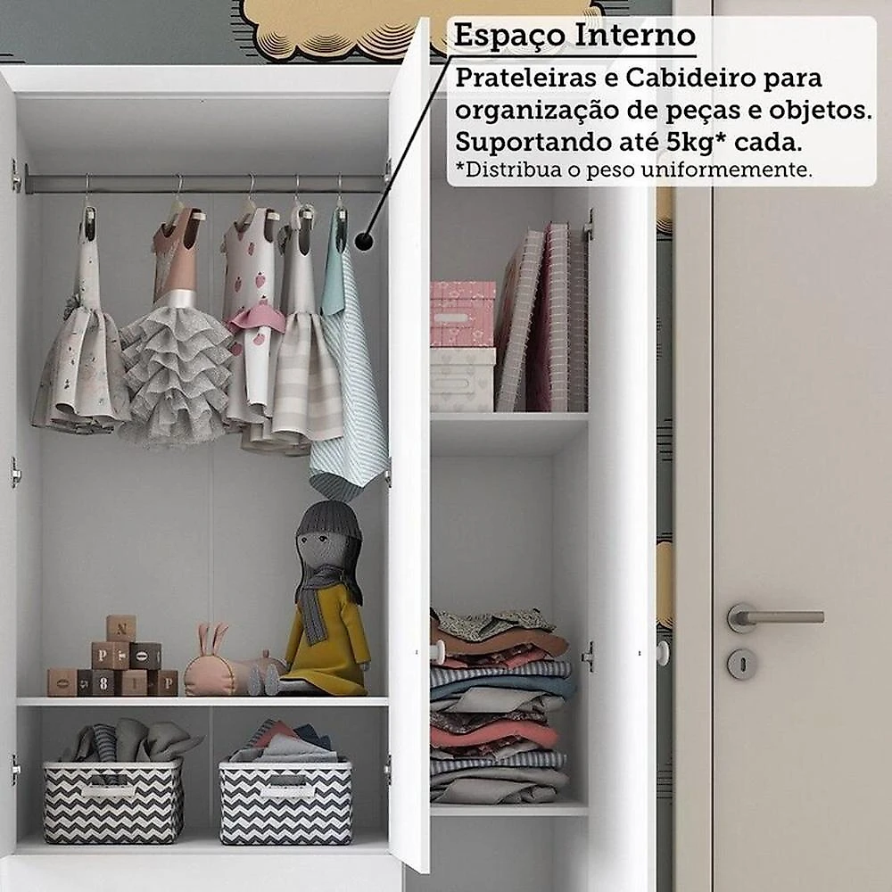 Quarto de Bebê com Guarda-roupa 4 Portas e Berço Minicama 100% Mdf Nina Espresso Móveis Branco Brilho