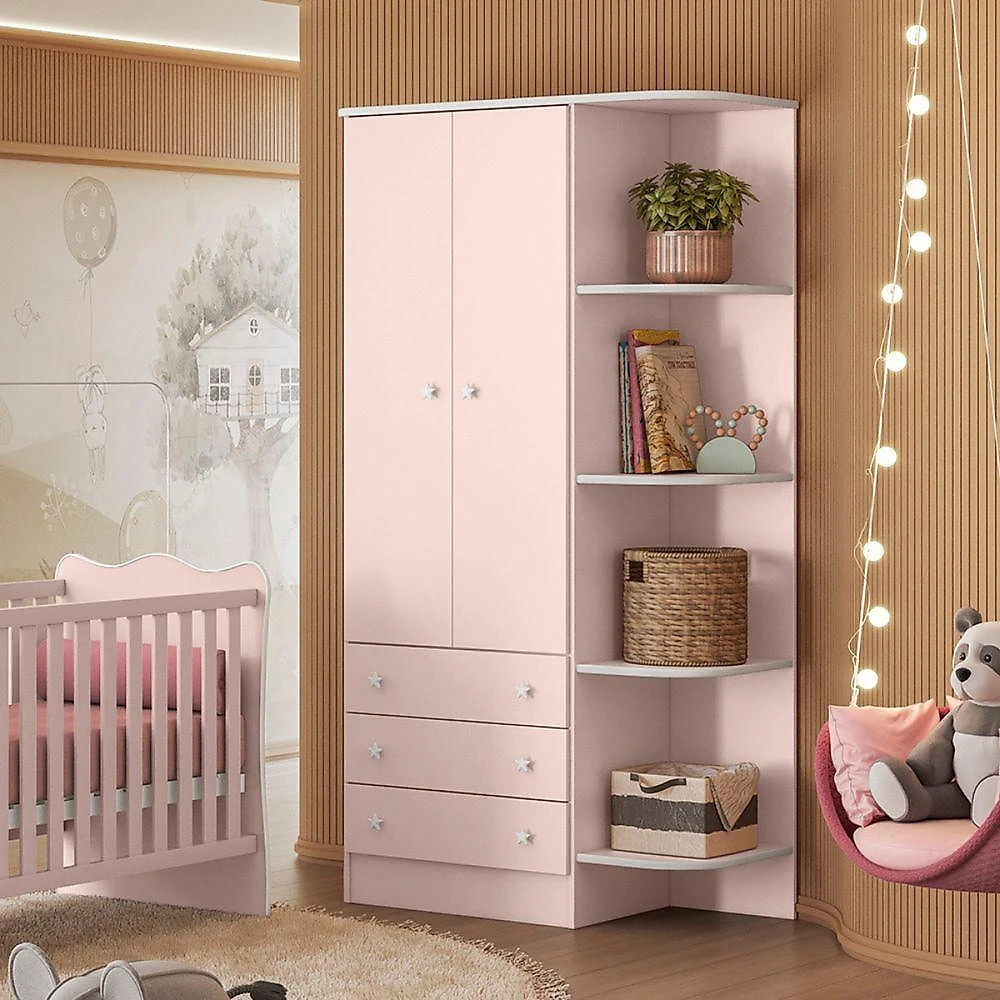 Conjunto Quarto de Bebê Galara Berço Cômoda Guarda Roupa MDP Rosa Casah