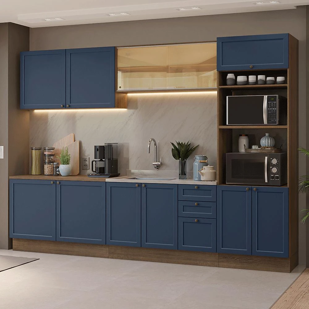 Armário de Cozinha Completa 310 cm Rustic/Azul Vik Madesa 01