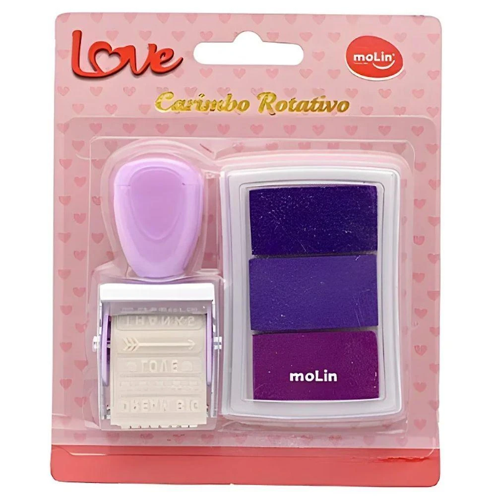 Carimbo Rotativo Molin do Brasil Love com 12 Possibilidades e Estojo Tinteiro com 4 Cores Roxo