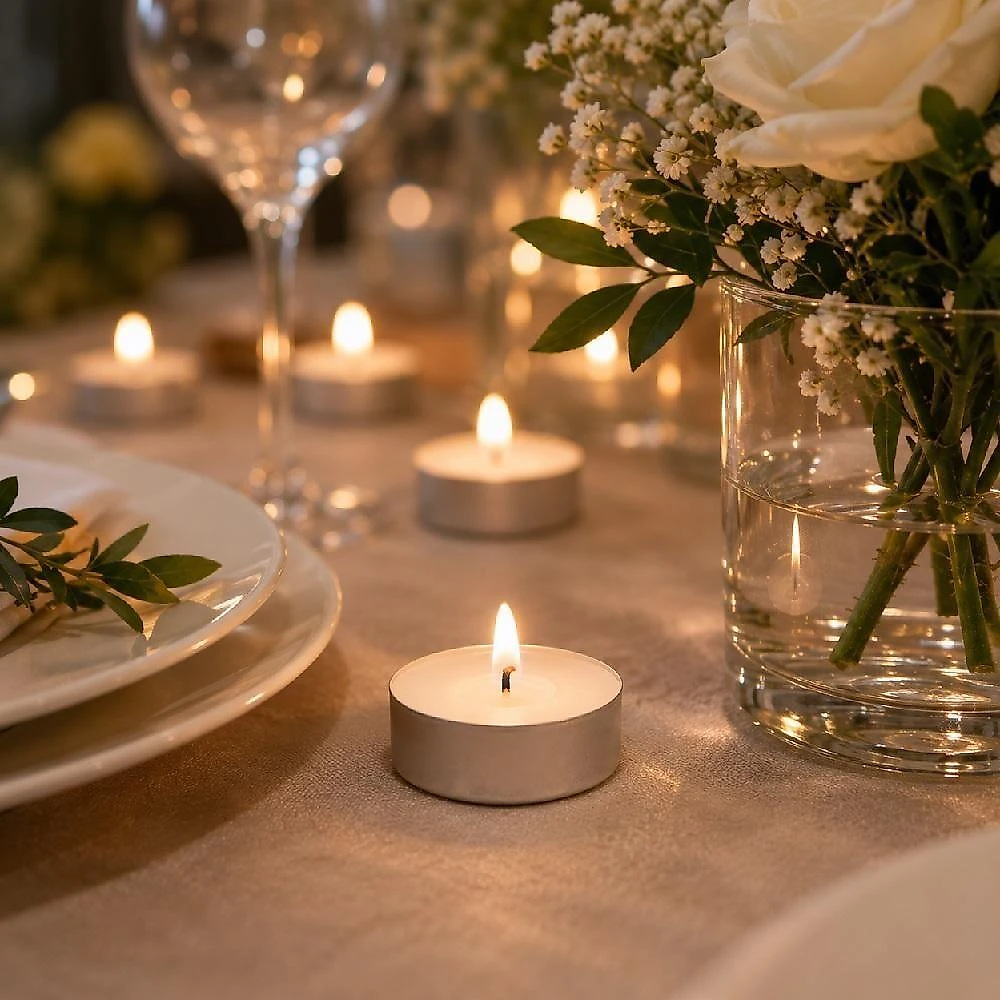 Kit 50 Velas Rechaud Decorativas Iluminacao Suave Chama Uniforme Branco Parafina Recipiente Aluminio