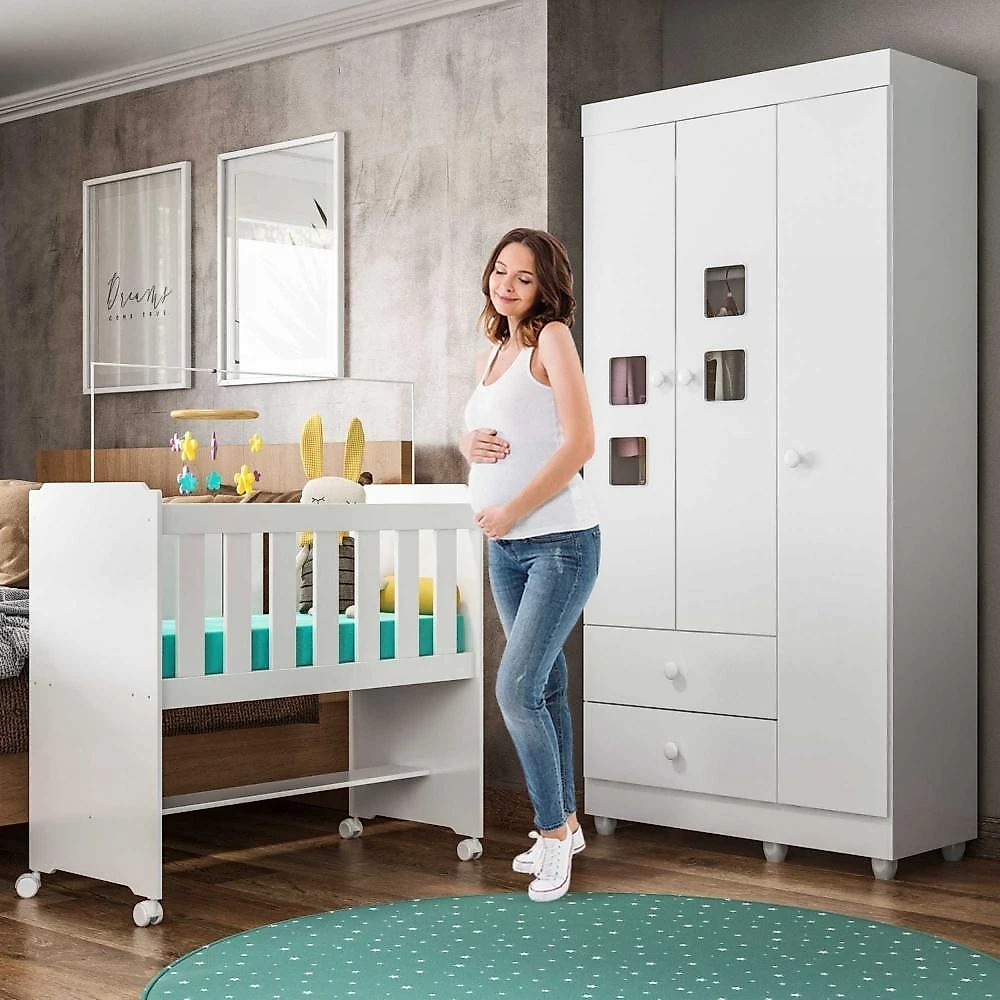 Quarto de Bebê 100% MDF com Mini Berço E Roupeiro Life 3 Portas Branco